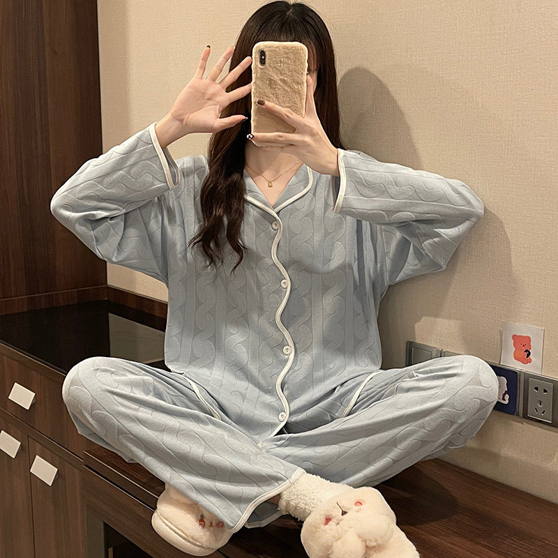 网红纯棉提花春秋学生甜美开衫睡衣 采蝶衣睡衣/家居服套装