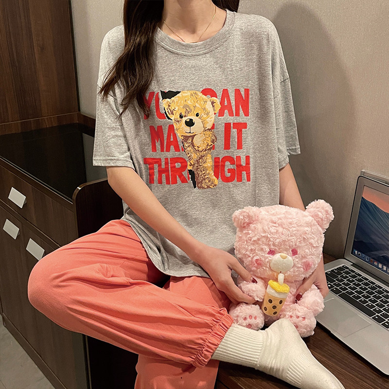 新款纯棉短袖学生夏季长款宽松睡衣 采蝶衣睡衣/家居服套装