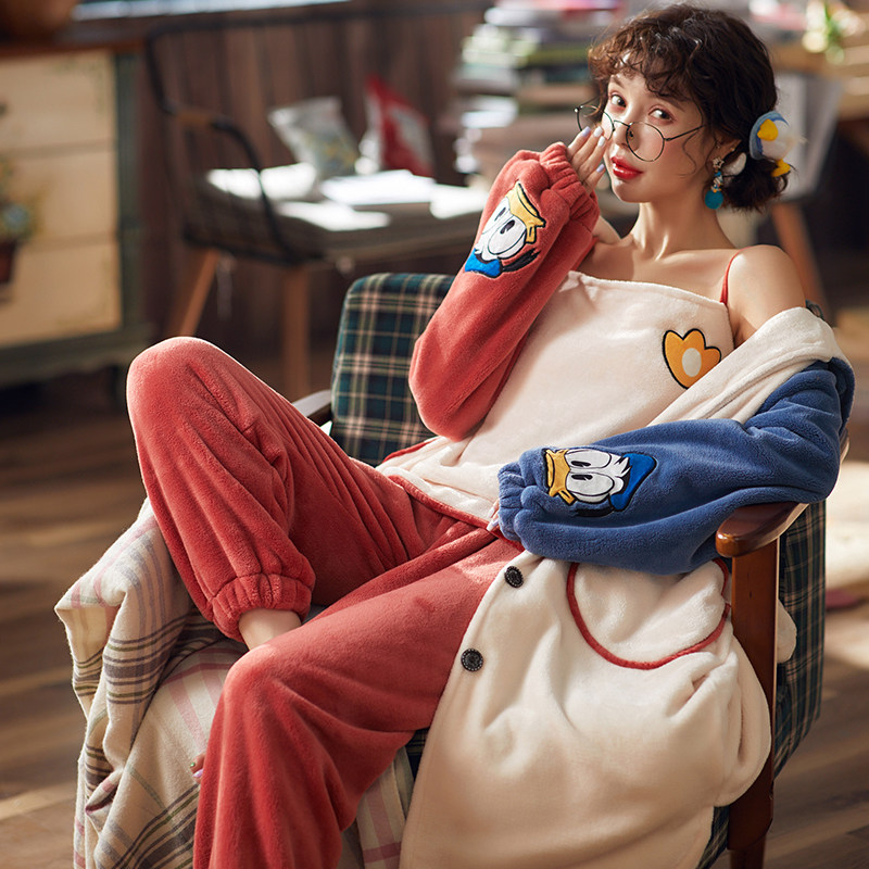 三件套秋冬季加绒法兰绒珊瑚绒睡衣 隐秘的诱惑睡衣/家居服套装