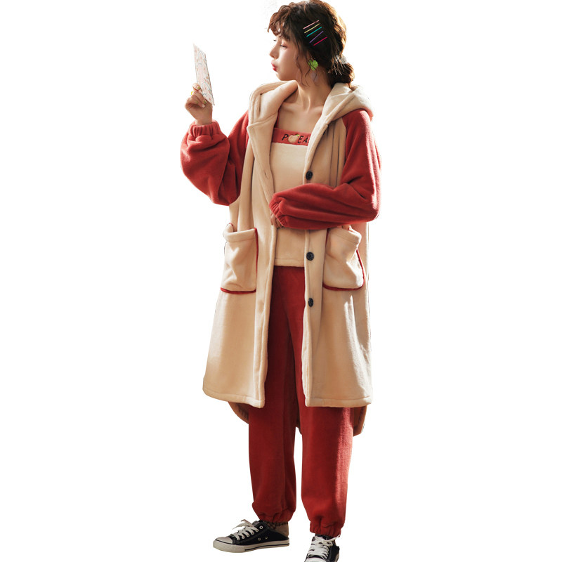 三件套秋冬季加绒法兰绒珊瑚绒睡衣 隐秘的诱惑睡衣/家居服套装