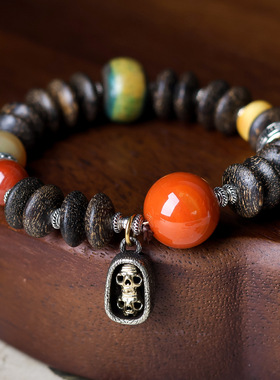 柏利来原创虫漏沉香木手串藏饰金刚杵战国红玛瑙文玩民族风佛珠