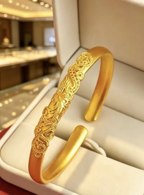 金店同款仿真古法传承沙金色镂空龙凤呈祥素手镯气质高级饰品送礼