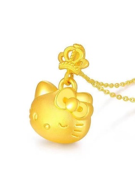 3D硬金hellokitty皇冠吊坠项链可爱甜美kt凯蒂猫项链仿真锁骨链