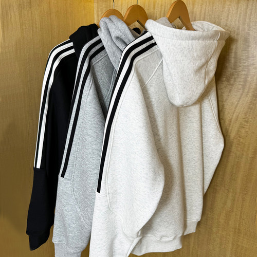 460G重磅连帽卫衣男秋冬款加绒加厚三杠潮牌宽松套头帽衫上衣外套-图0