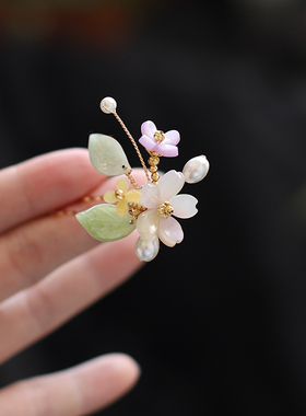 紫色小花古风盘发头饰花朵樱花发簪超仙气质汉服点缀配饰旗袍簪花