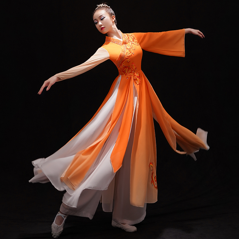 古典舞蹈服女飘逸中国风扇子舞服装伞舞秧歌舞大合唱服现代舞长裙