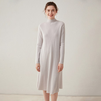 ເສື້ອຍືດຄໍເຕົ່າເຄິ່ງຄໍ 100% cashmere knitted dress for women autumn and winter slim fit sweater dress mid-length-length knee-length A-line bottoming