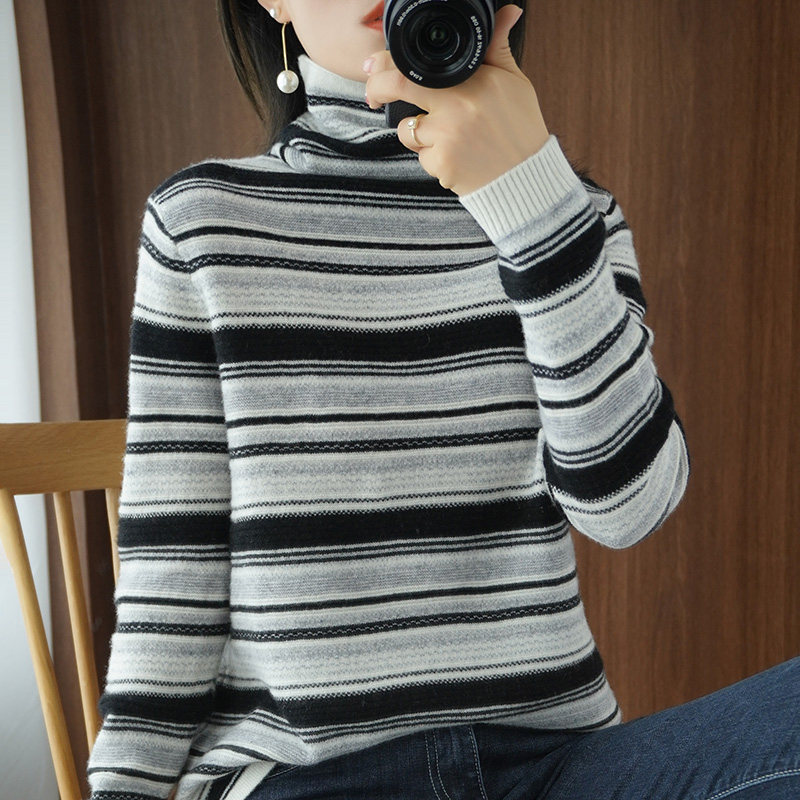 秋冬新款堆堆高领羊绒条纹女毛衣 蔓芙妮丝毛针织衫