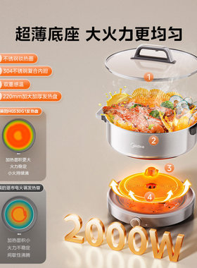 美的电火锅家用不锈钢多功能一体锅0涂层电磁炉分体火锅2026新款