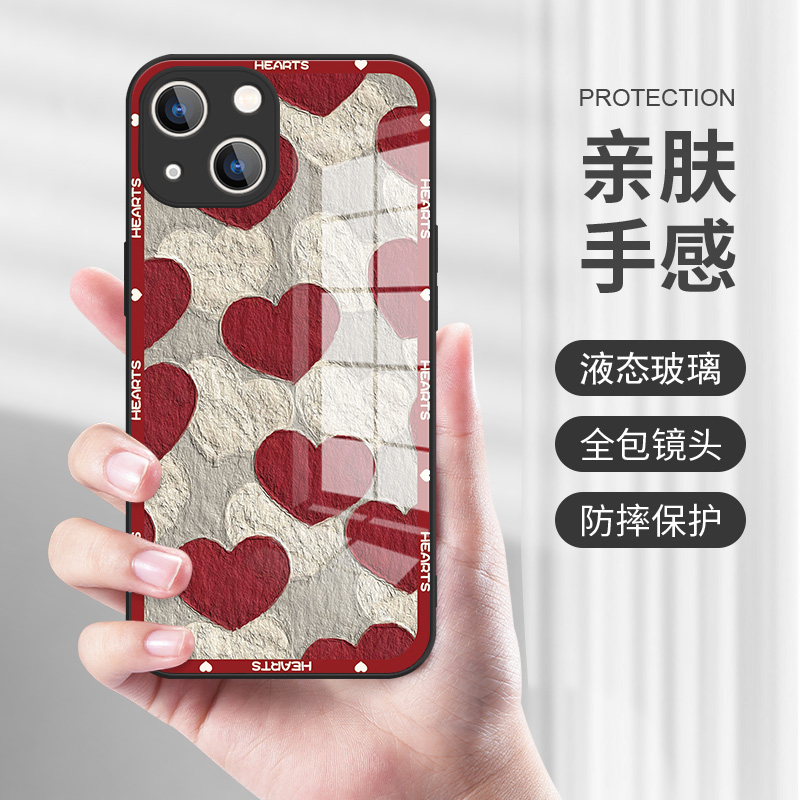 ins油画爱心iphone14pro手机壳13高级感iphone11小众12promax红色8plus新年xs女款xr镜头全包7p玻璃mini硬壳 - 图0