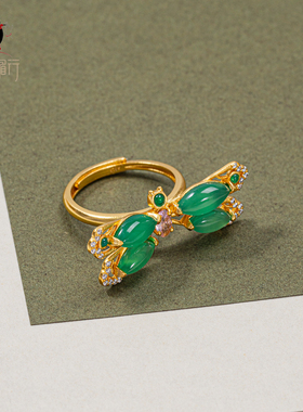 衣锦媚行原创设计s925银镀金绿玛瑙蜻蜓戒指开口可调节女戒指环