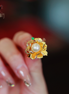 原创设计s925银镀金牡丹珍珠戒指