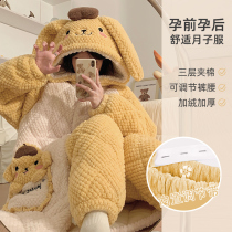 Autumn Winter Day Gestation Woman Plus Suede Thickened Triple Clip Cotton Moon Subsuit Pyjamas Coral Suede Sleeping Robe Suit Home Clothing