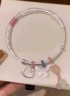 繁花似锦kitty银手镯女实心小众年轻款镯子送女友