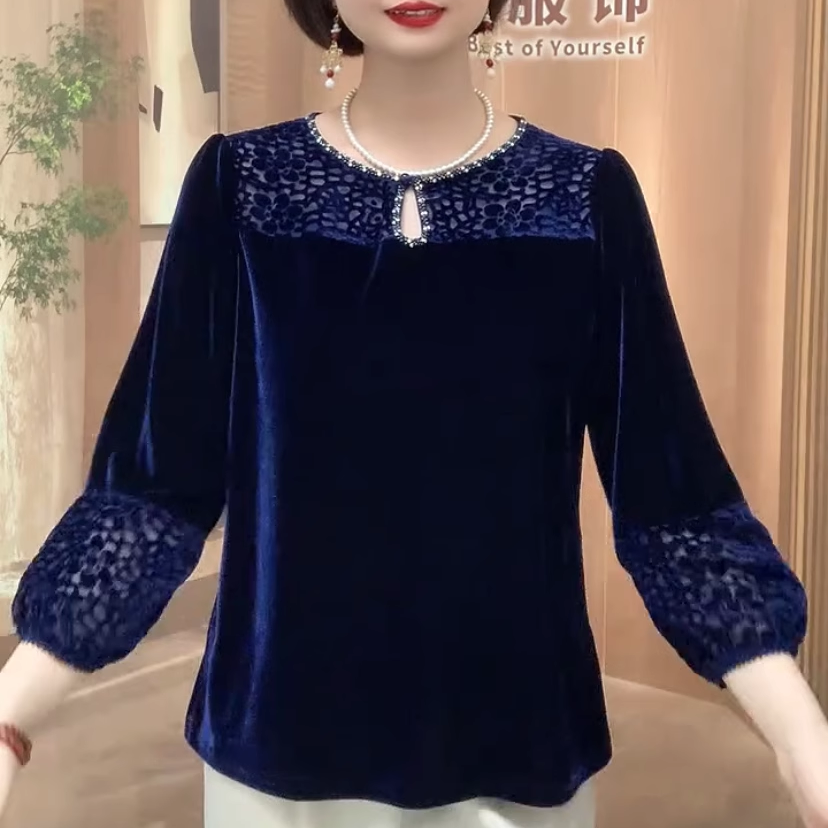 镂空烫钻滴水领金丝绒上衣女秋季宽松遮肉小衫时尚减龄中老年女装,淘宝优惠券,粉丝福利购,淘宝优惠卷