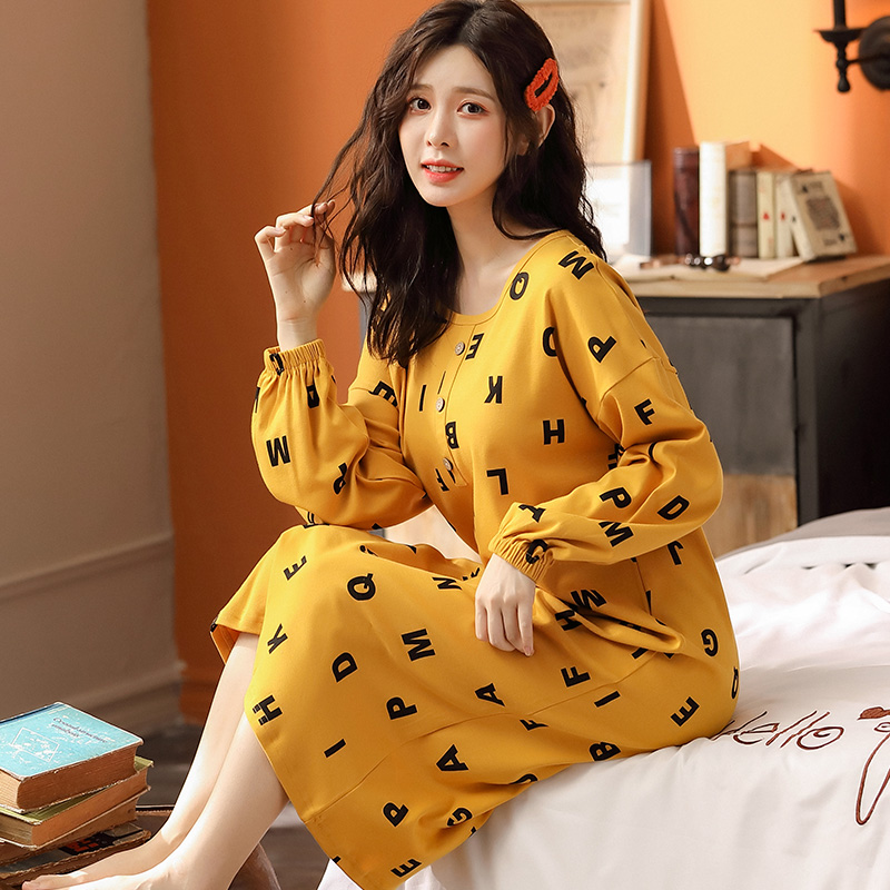 家语馨旗舰店睡裙女纯棉长袖春秋季加长款宽松大码薄款外穿裙T公主睡衣女3