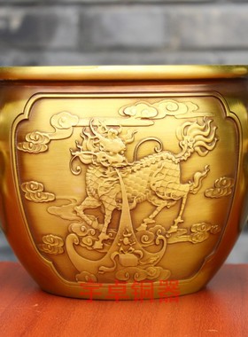 宇卓铜器纯铜缸黄铜故宫缸双狮耳带环麒麟缸水缸工艺品桌面摆件