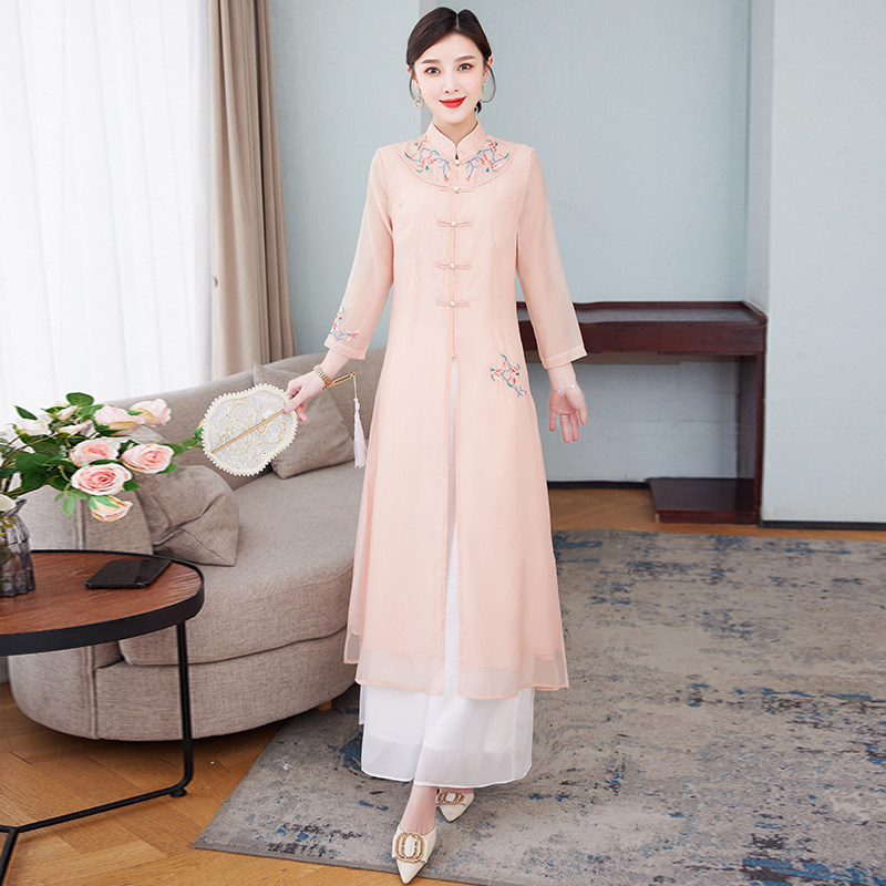 禅意中国风高端茶服春夏汉服旗袍 枫紫连衣裙