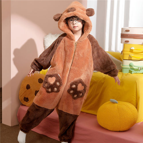 男童连体睡衣秋冬季珊瑚绒可爱卡通儿童中大童男孩加厚加绒家居服 - 图1