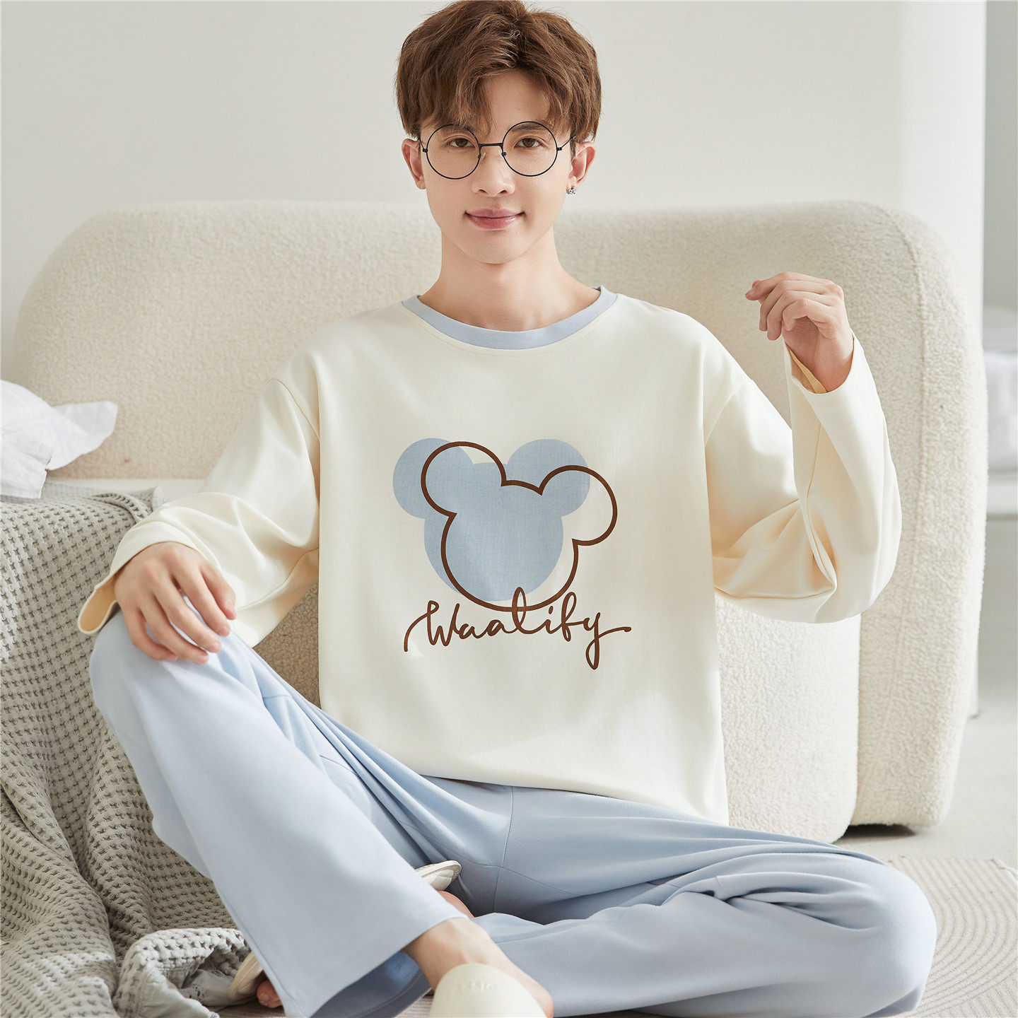 青少年睡衣男生秋季长袖纯棉大童男孩初中高中学生条纹家居服套装