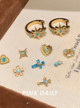 Pink Daily金色碱水结锆石f136医用钛合金耳钉女养耳洞内螺纹耳饰