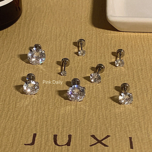 Pink Daily小巧百搭爆闪锆石耳钉钛钢平底螺纹耳骨钉洗澡免摘耳饰 - 图3