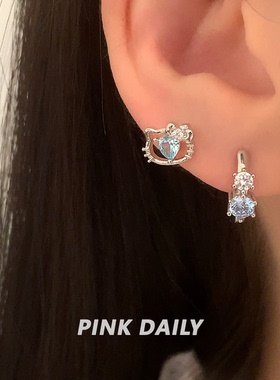 Pink Daily蓝色锆石甜美可爱耳钉女猫咪蝴蝶结耳骨钉精致超闪耳饰