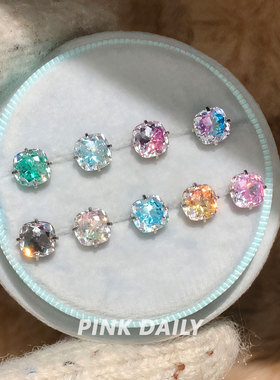 Pink Daily爆闪方形手捧花医用钛钢小耳钉女锆石耳骨钉耳蜗钉耳饰