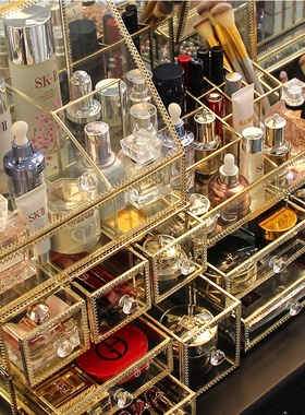 网红款透明玻璃化妆品收纳盒桌面梳妆台护肤刷整理神器置物架子