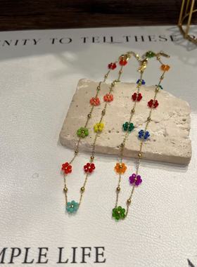 彩色多巴胺水晶花朵项链女颈链饰品套装配饰百搭款锁骨链时尚吊坠