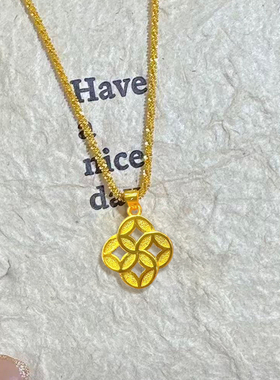 古法新中式四方铜钱币项链有钱花铜钱钱币吊坠锁骨链金钱纹女气质