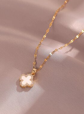 经典黑色双面四叶花项链女网红轻奢钛钢不掉色锁骨链气质百搭配饰