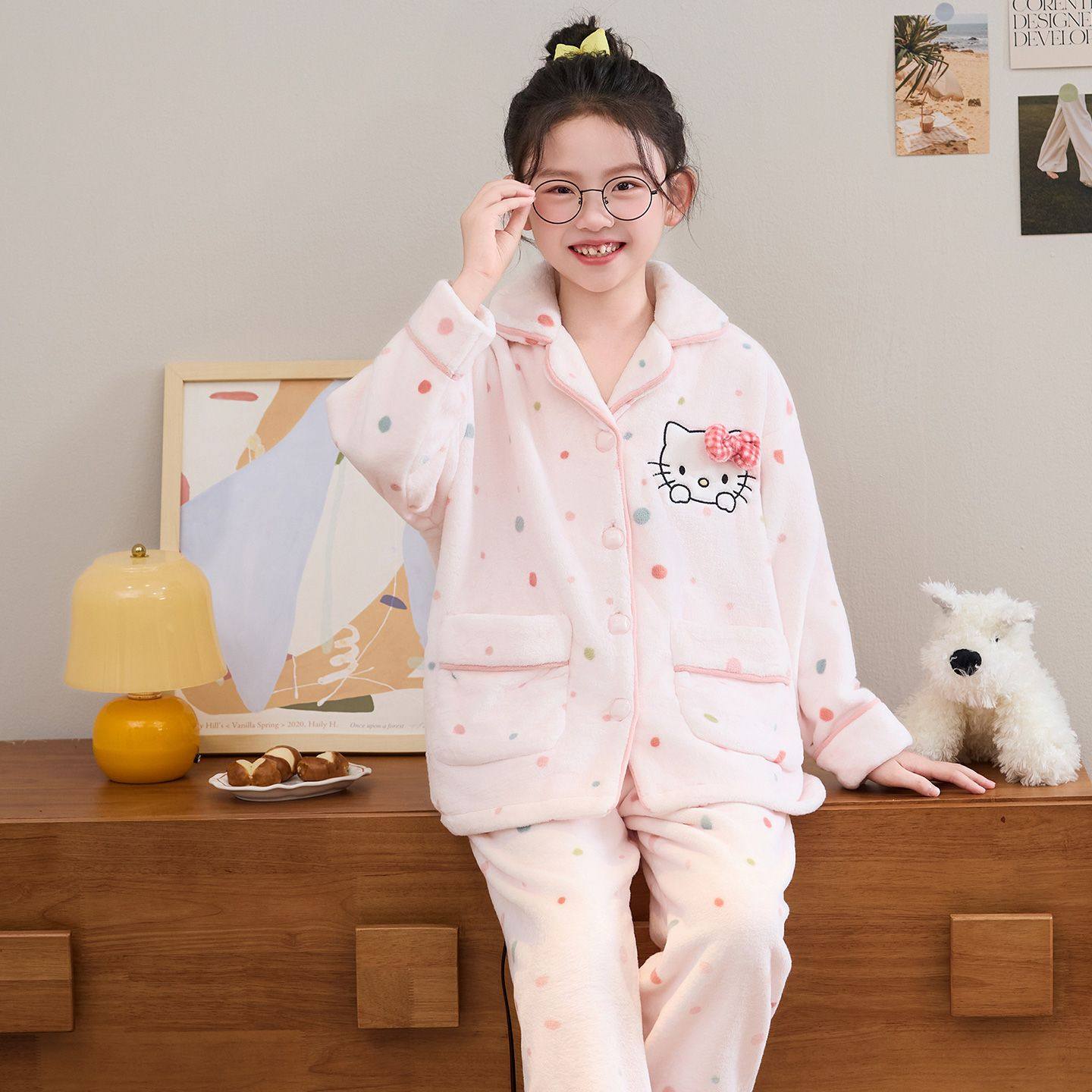 女童秋冬款睡衣KT法兰绒睡衣套装儿童加厚保暖可爱卡通长袖家居服,淘宝优惠券,粉丝福利购,淘宝优惠卷