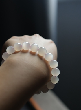 和田玉藕粉猫眼手串10mm