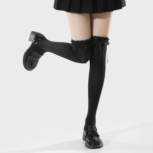 lolita白色小腿袜子女夏薄款花边蝴蝶结蕾丝黑高长筒压力jk过膝袜 - 图1
