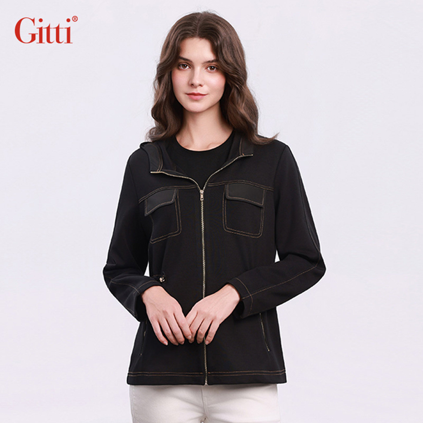 Gitti/吉蒂连帽抽绳收腰外套女大码显瘦长袖夹克G255464,淘宝优惠券,粉丝福利购,淘宝优惠卷