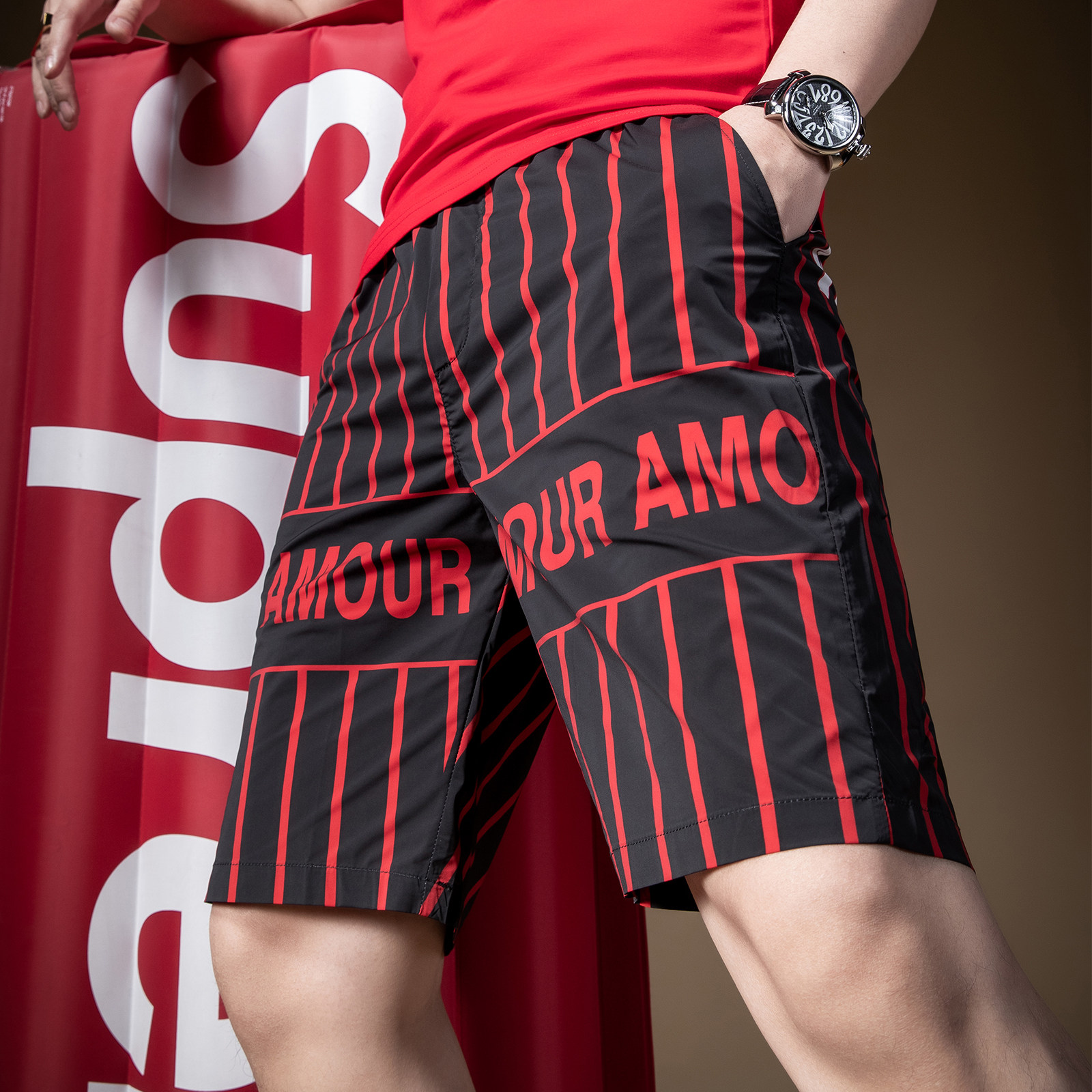 BM高街休闲裤子男潮牌百搭红黑条纹印花短裤男潮牌ins爆款沙滩裤,淘宝优惠券,粉丝福利购,淘宝优惠卷