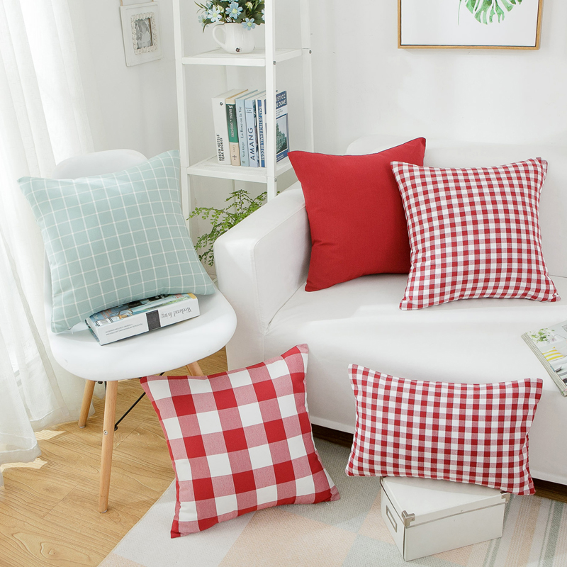 棉麻抱枕靠垫靠枕办公室套芯定制汽车沙发腰部玫红小格子条纹纯色,淘宝优惠券,粉丝福利购,淘宝优惠卷