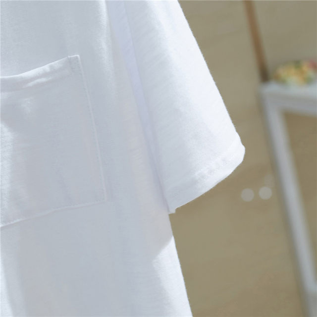 ຜ້າຝ້າຍ Bamboo loose pure white style Korean pocket short sleeve pocket