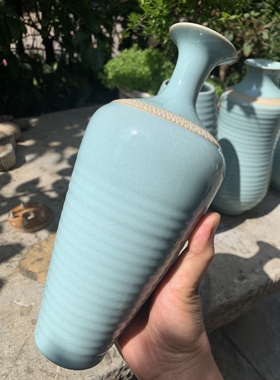 李兆峰大师早期作品真正手拉坯工艺天青开片汝瓷玛瑙花瓶摆件孤品