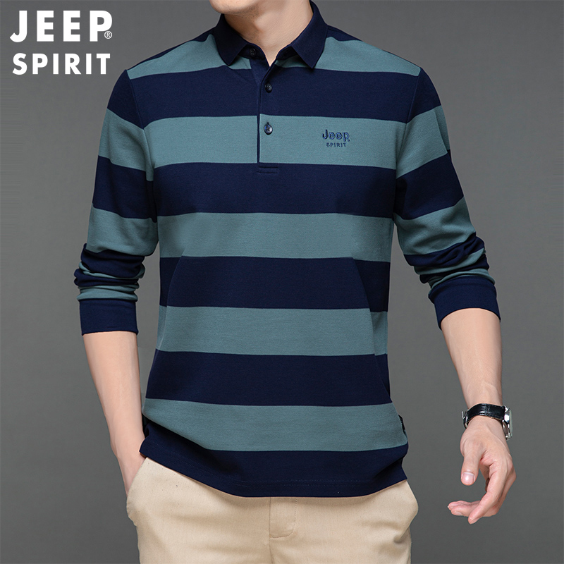 JEEP/吉普春秋季新品男士条纹POLO衫休闲时尚宽松修身长袖T恤上衣