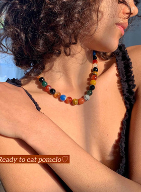 手作彩色玉石虎眼石玛瑙项链