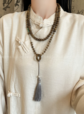 一款多戴木质串珠流苏长款项链