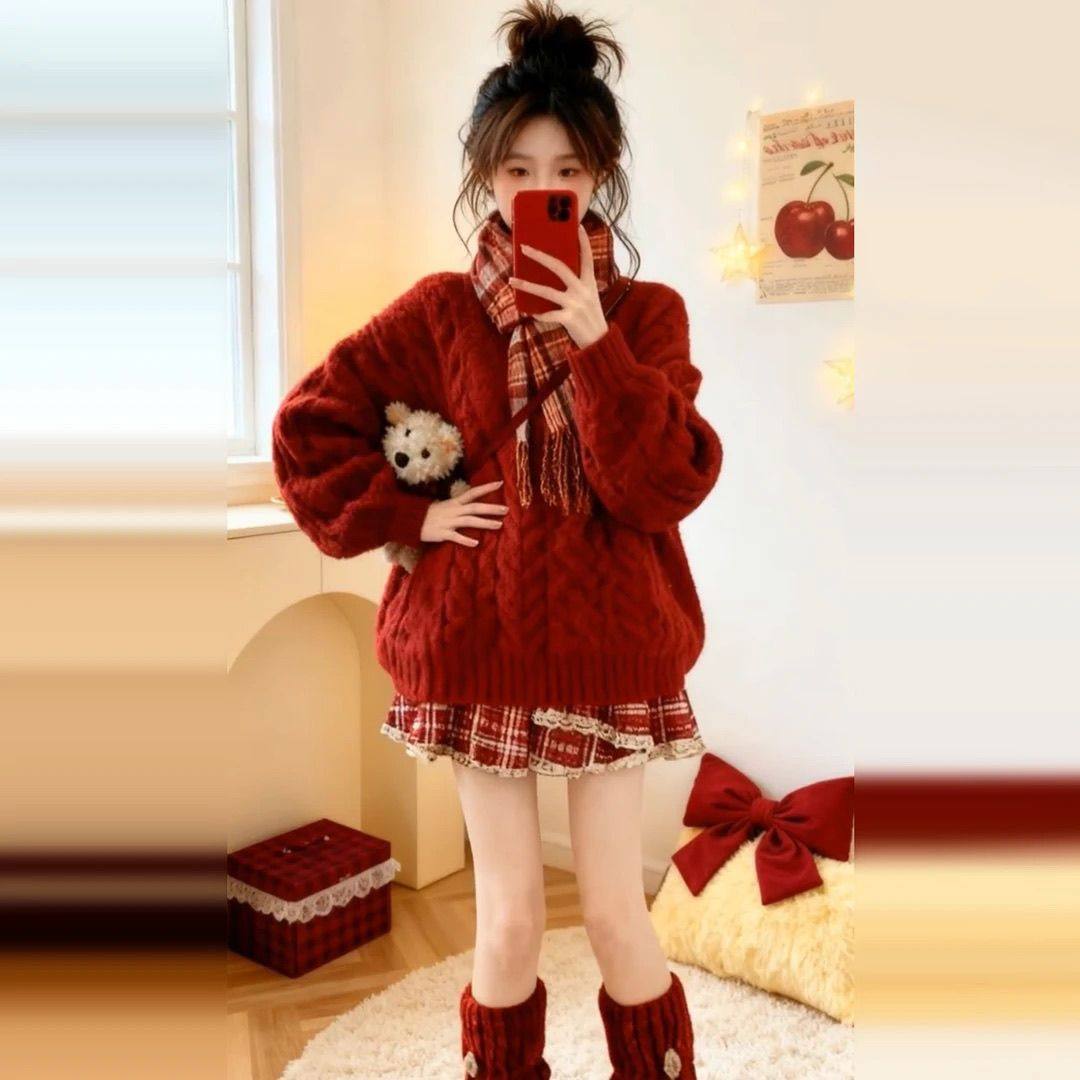 女宝过年喜庆衣服套装女童冬装拜年服洋气毛衣中大童半身裙四件套,淘宝优惠券,粉丝福利购,淘宝优惠卷