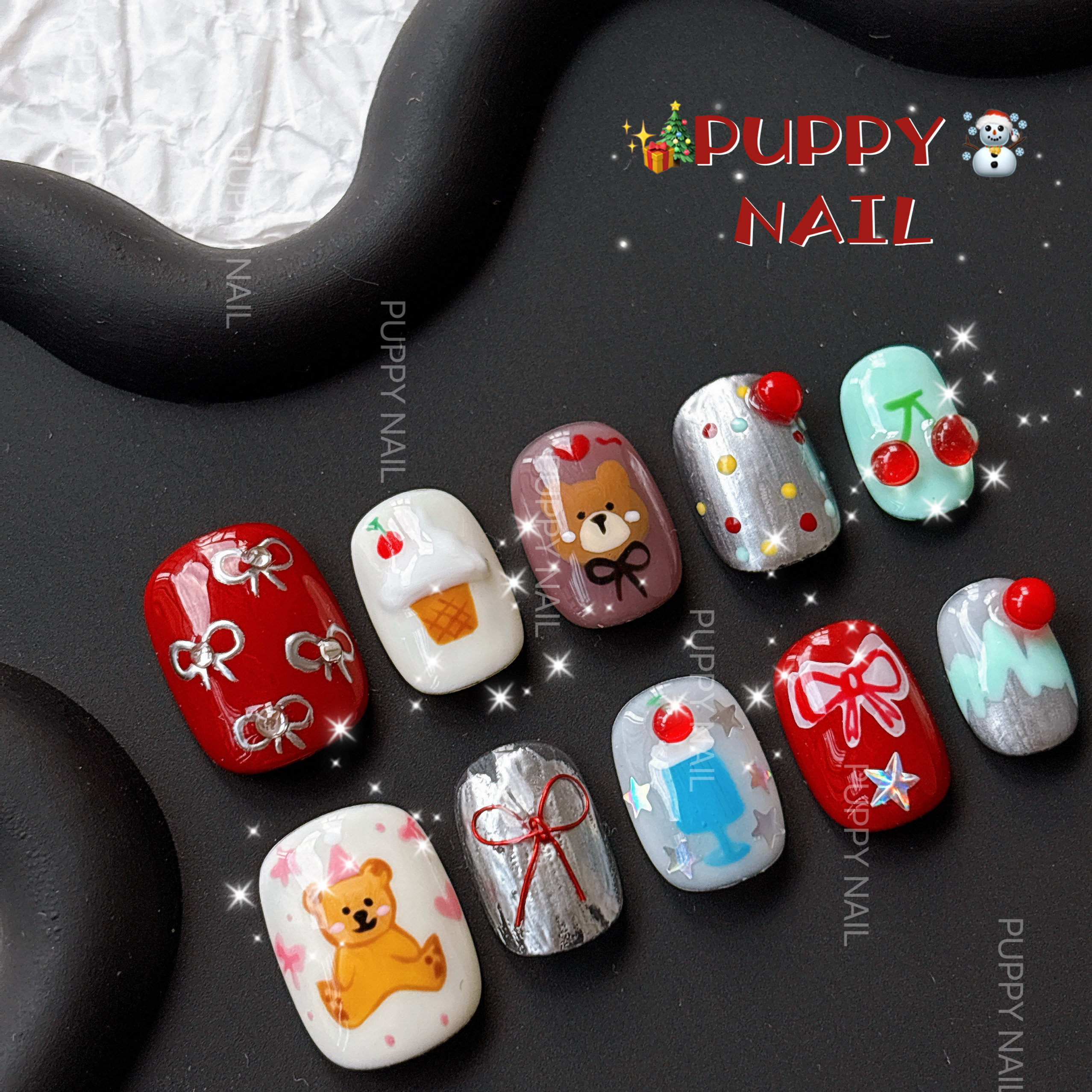PUPPY家 圣诞新年小熊手绘穿戴甲可爱卡通美甲显白秋冬美甲红色,淘宝优惠券,粉丝福利购,淘宝优惠卷