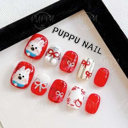 PUPPY家 西高地新年美甲红色可爱手绘可定制穿戴甲小狗卡通过年 - 图3