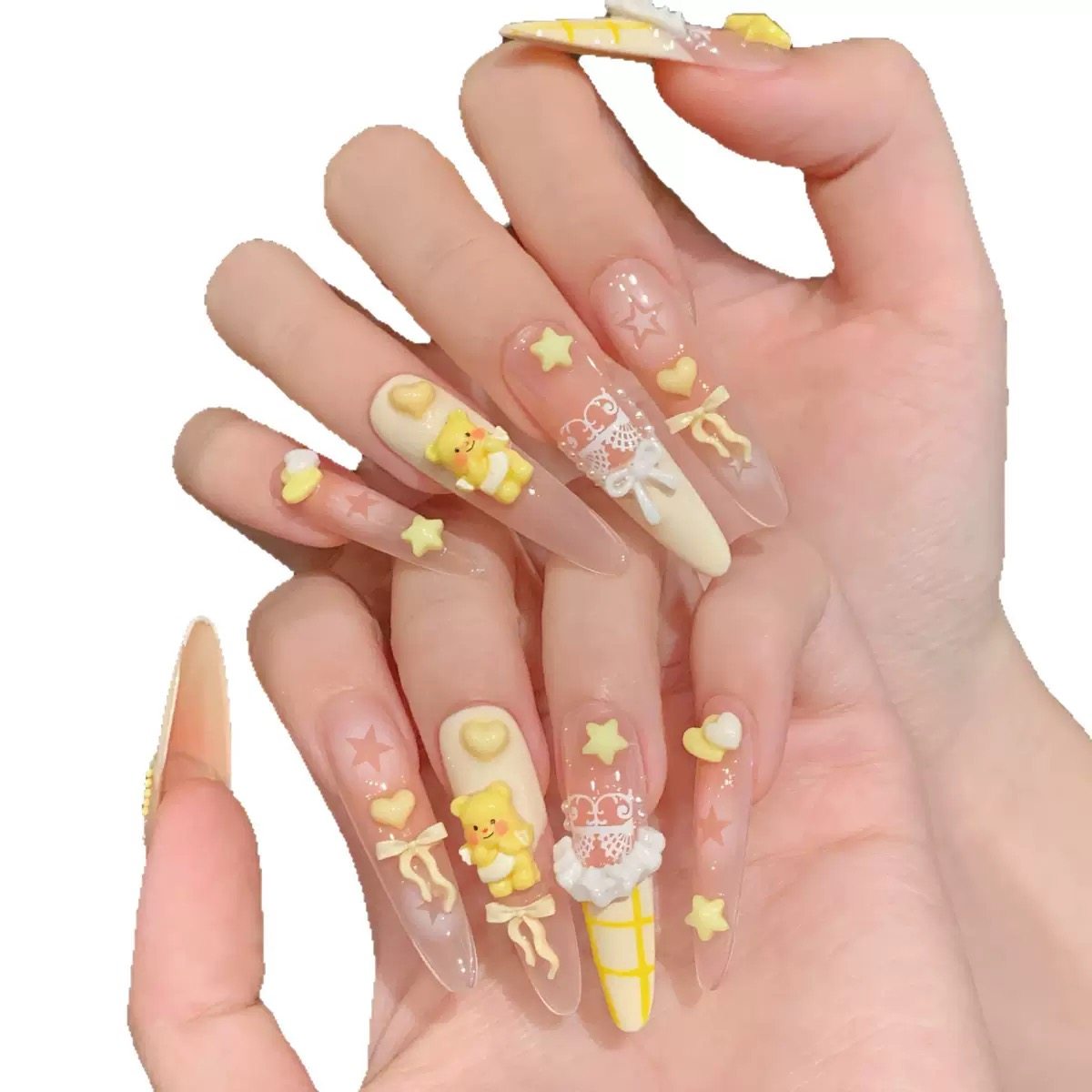 PUPPY家 黄油小熊细狗超长美甲法式芭蕾裙边蛋糕黄色穿戴甲纯手工,淘宝优惠券,粉丝福利购,淘宝优惠卷