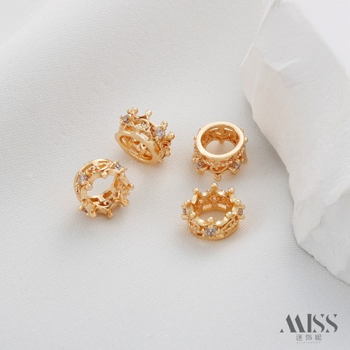 14K包金保色镶锆石皇冠10*5mm大孔隔珠跑环帽子圈diy手工饰品配件 - 图1