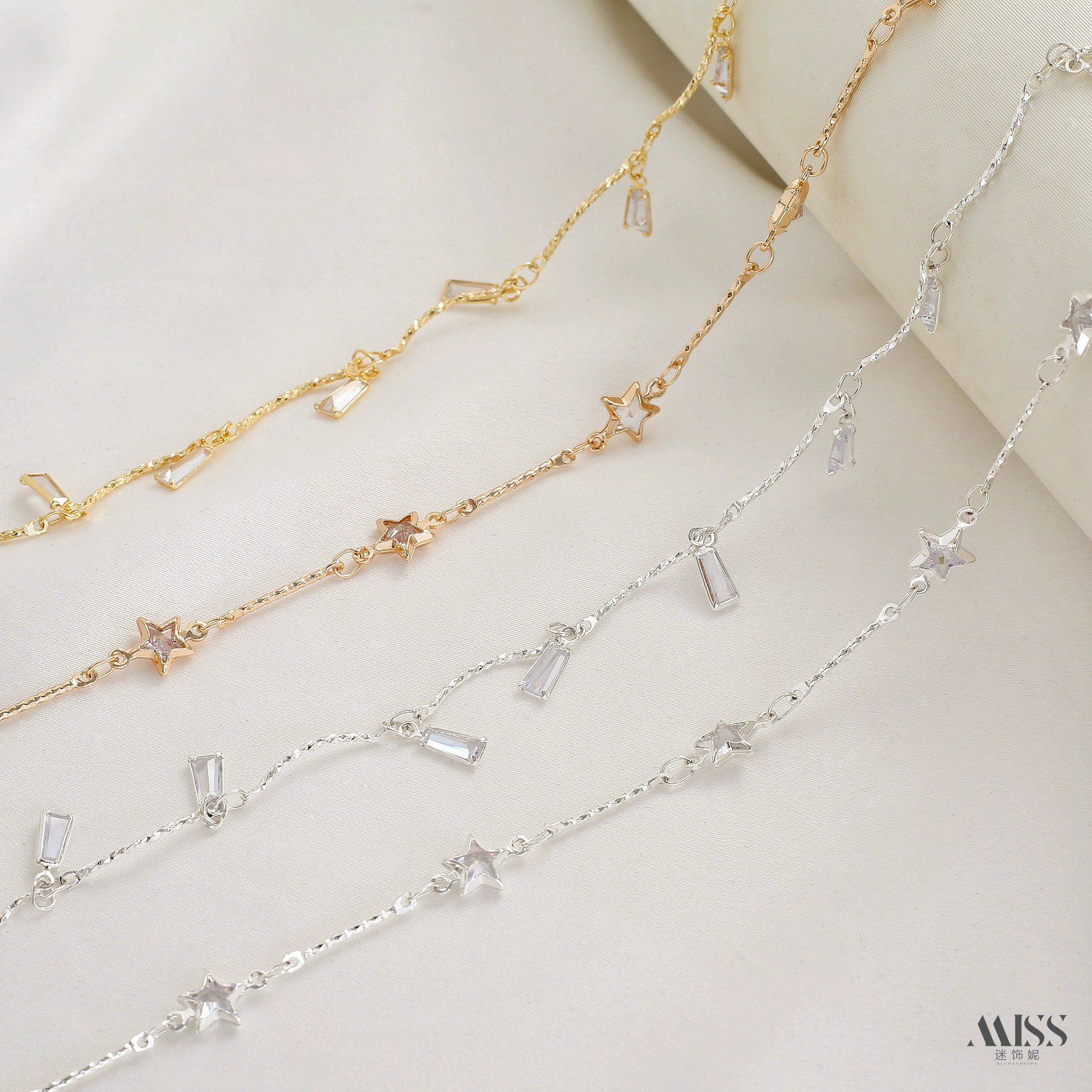 14K包金保色五角星直棒链梯形锆石弯棒手工链diy手链项链饰品配件,淘宝优惠券,粉丝福利购,淘宝优惠卷