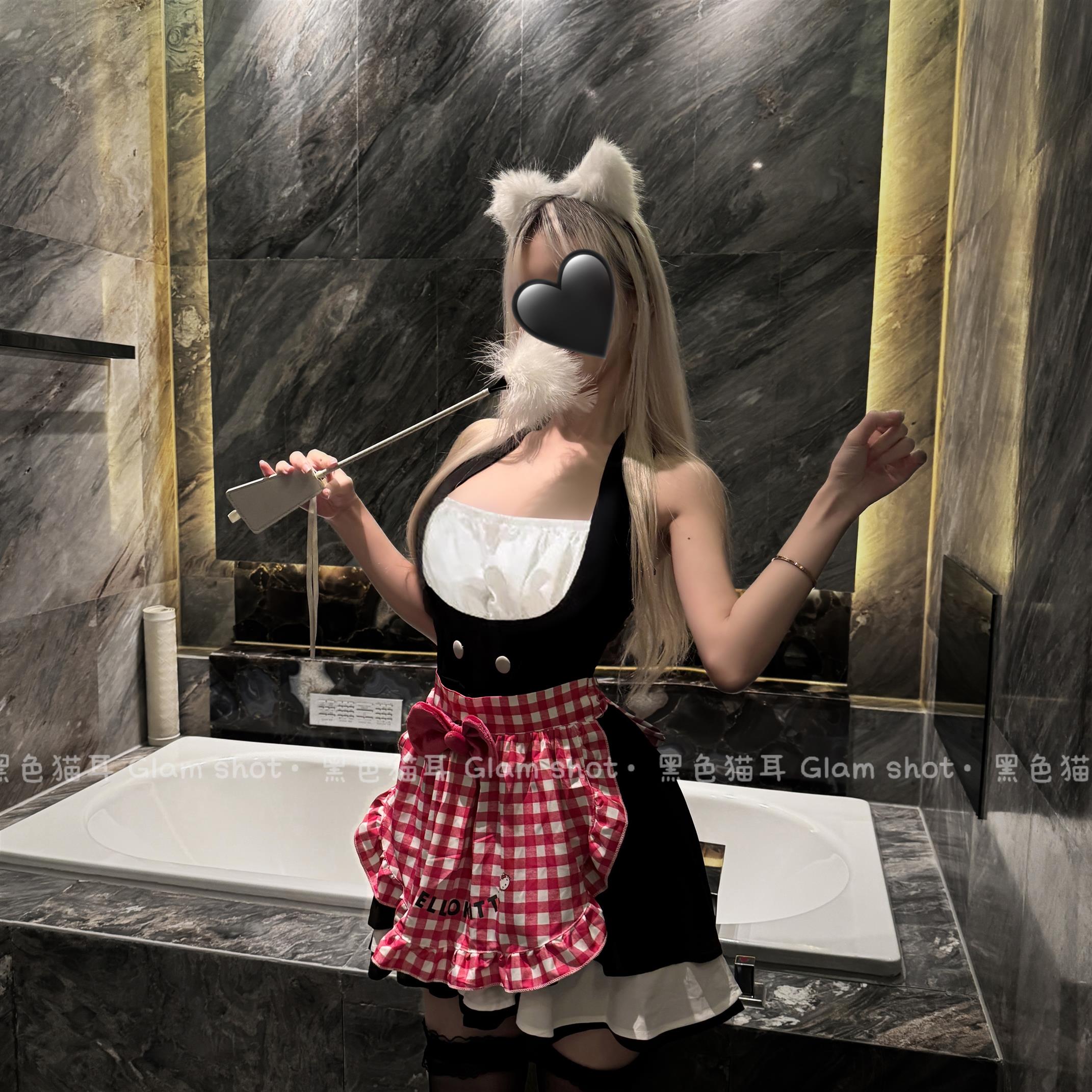 纯欲红格女仆装COS女佣辣妹kitty喵撞色性感拼接挂脖显瘦套装 - 图2